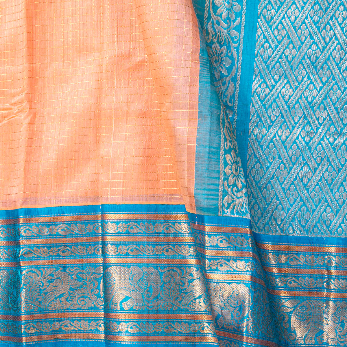 Peach And Ananda Blue Kanchi Silk Cotton Saree For Festive Wear VP SC 216