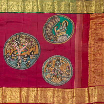 Red Handpainted Kalamkari Kanchipuram Silk Saree With Krishna Leela Theme And Ganga Jamuna Border For Festive Wear VSR KK 107