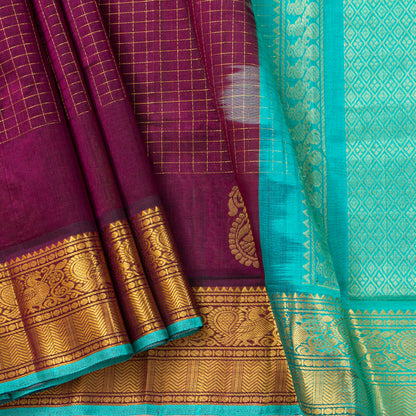 Deep Purple And Turquoise Kanchi Silk Cotton Saree For Festive Wear VP SC 222