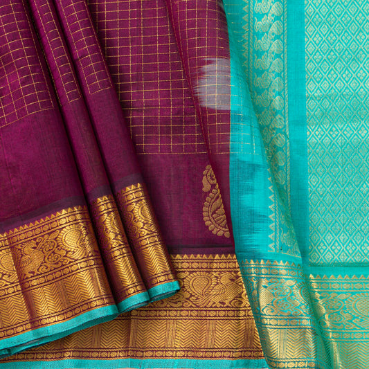 Deep Purple And Turquoise Kanchi Silk Cotton Saree For Festive Wear VP SC 222