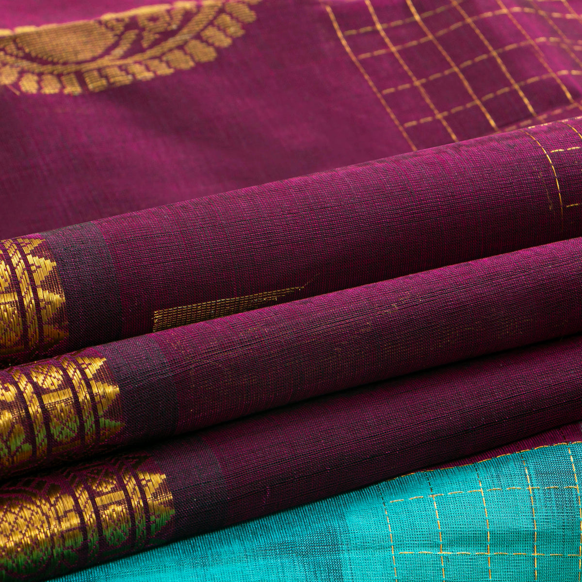 Deep Purple And Turquoise Kanchi Silk Cotton Saree For Festive Wear VP SC 222