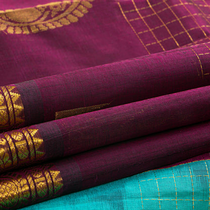 Deep Purple And Turquoise Kanchi Silk Cotton Saree For Festive Wear VP SC 222