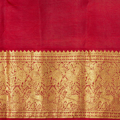 Red Handpainted Kalamkari Kanchipuram Silk Saree With Krishna Leela Theme And Ganga Jamuna Border For Festive Wear VSR KK 107