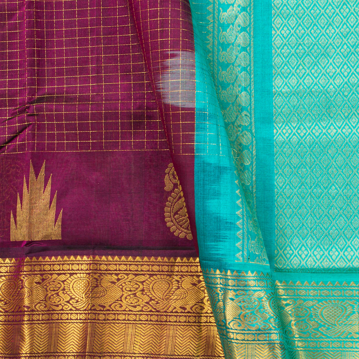 Deep Purple And Turquoise Kanchi Silk Cotton Saree For Festive Wear VP SC 222
