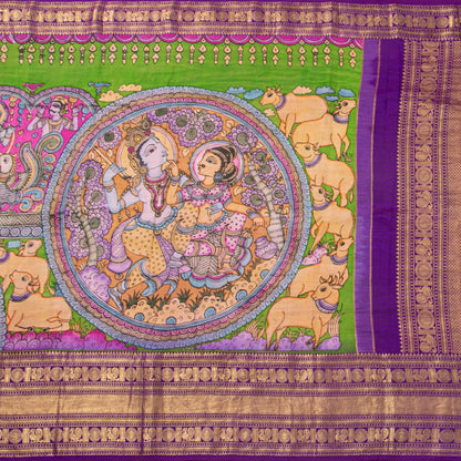 Yellow And Purple Handpainted Kalamkari Kanchipuram Silk Saree With Krishna Leela Theme For Festive Wear VSR KK 109