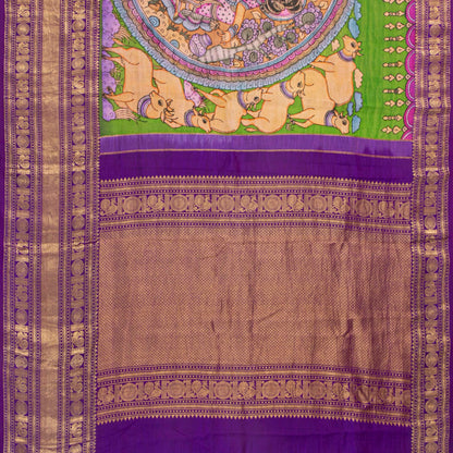 Yellow And Purple Handpainted Kalamkari Kanchipuram Silk Saree With Krishna Leela Theme For Festive Wear VSR KK 109