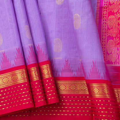 Lavender And Pink Kanchi Silk Cotton Saree With Temple Korvai Border For Festive Wear VP SC 182