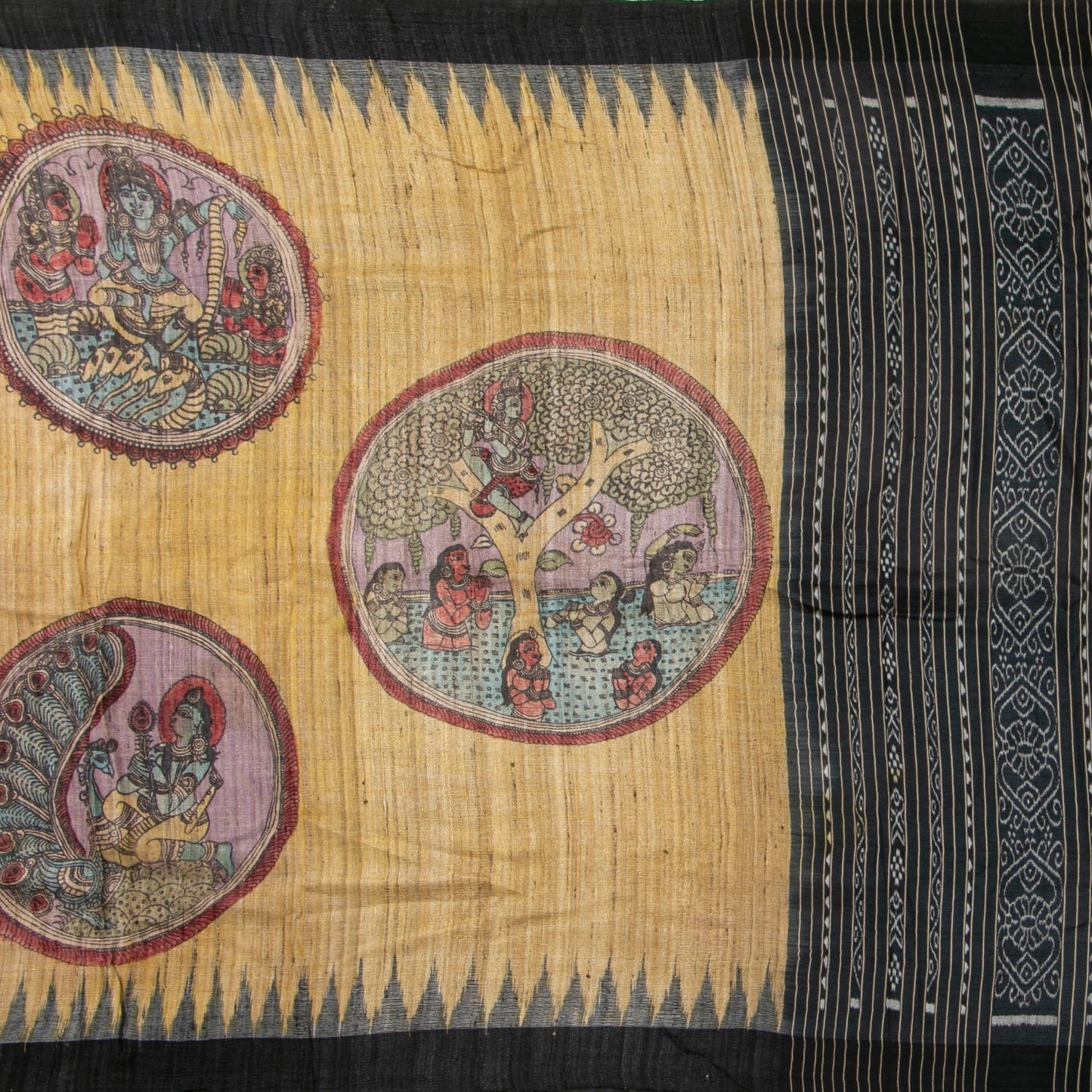 Beige Handpainted Kalamkari Gicha Tussar Silk Saree With Krishna Leela Theme For Office Wear PTK VSR 139