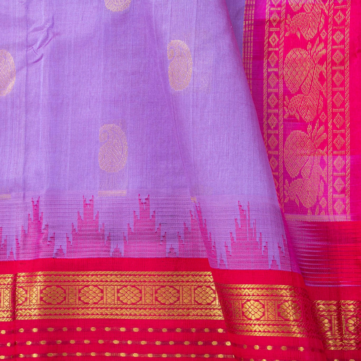 Lavender And Pink Kanchi Silk Cotton Saree With Temple Korvai Border For Festive Wear VP SC 182