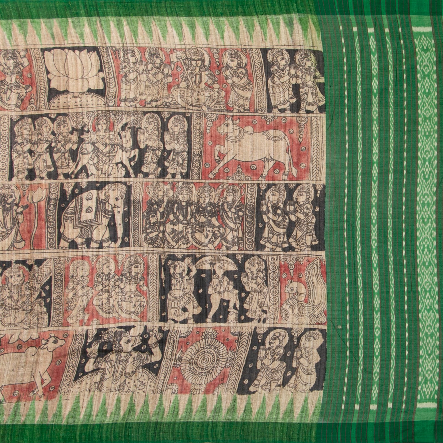 Beige, Maroon And Green Handpainted Kalamkari Gicha Tussar Silk Saree In Dasavatharam Theme For Festive Wear PTK VSR 138