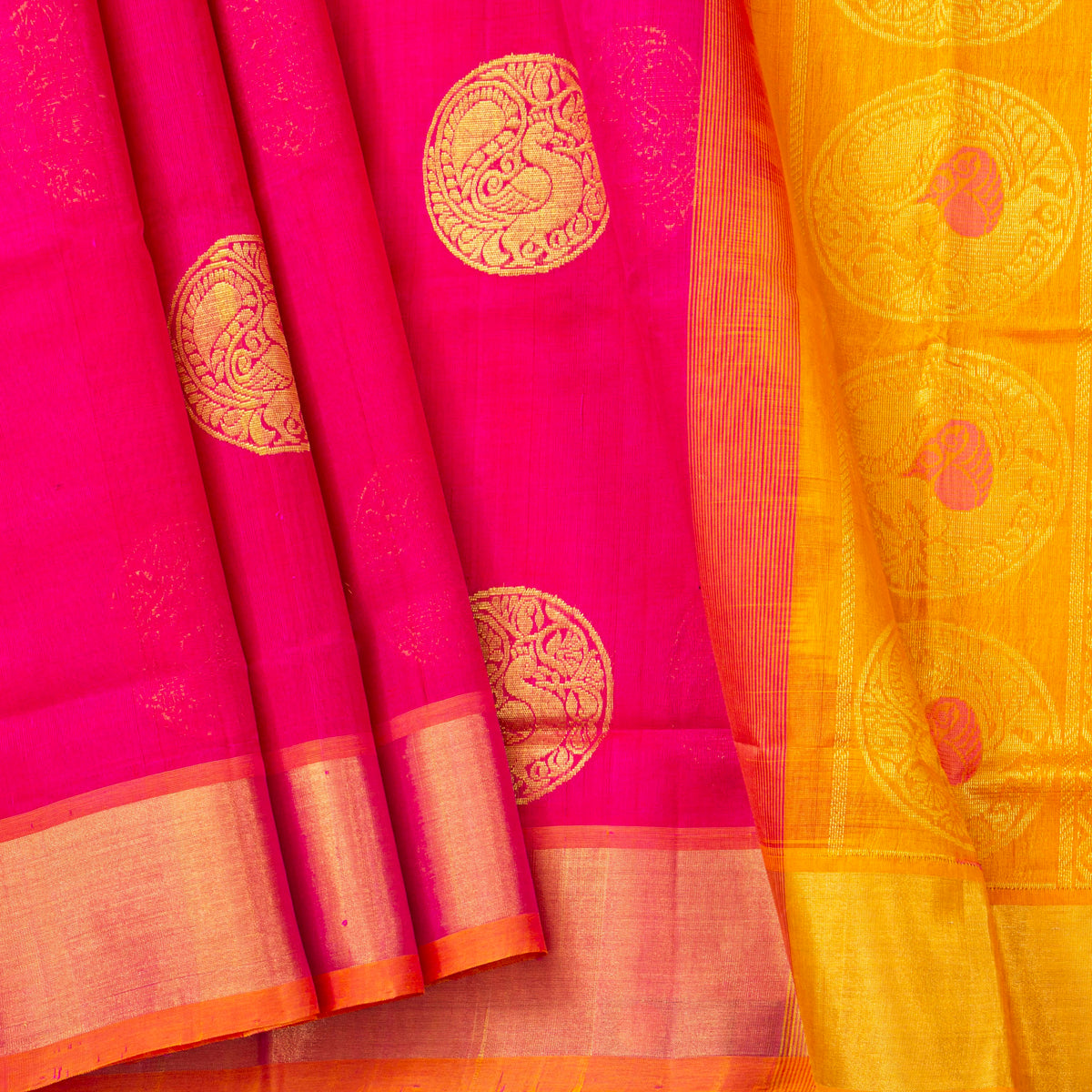 Pink And Mustard Kanchi Silk Cotton Saree For Festive Wear VP SC 264