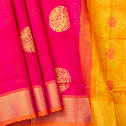 Pink And Mustard Kanchi Silk Cotton Saree For Festive Wear VP SC 264