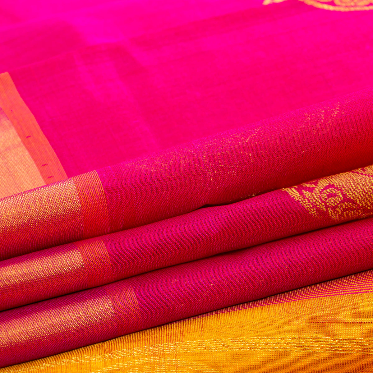 Pink And Mustard Kanchi Silk Cotton Saree For Festive Wear VP SC 264