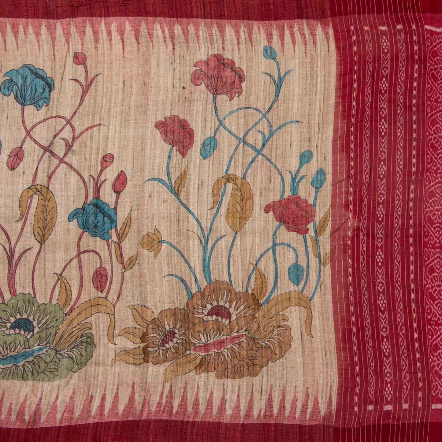 Pink Handpainted Kalamkari Gicha Tussar Silk Saree With Ikkat Pallu For Office Wear PTK VSR 137