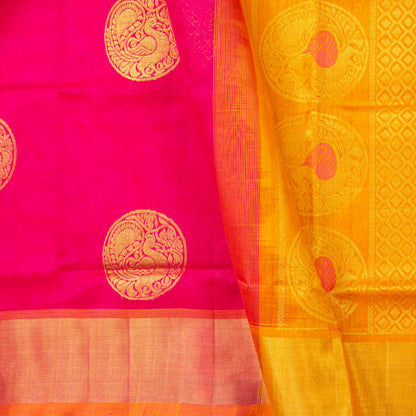 Pink And Mustard Kanchi Silk Cotton Saree For Festive Wear VP SC 264