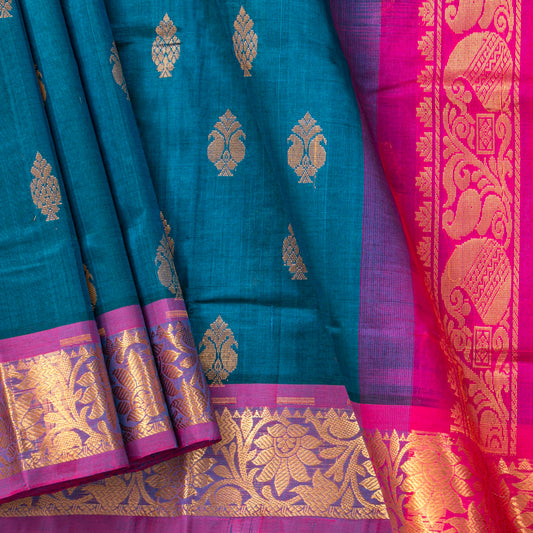 Teal And Magenta Kanchi Silk Cotton Saree For Festive Wear VP SC 215