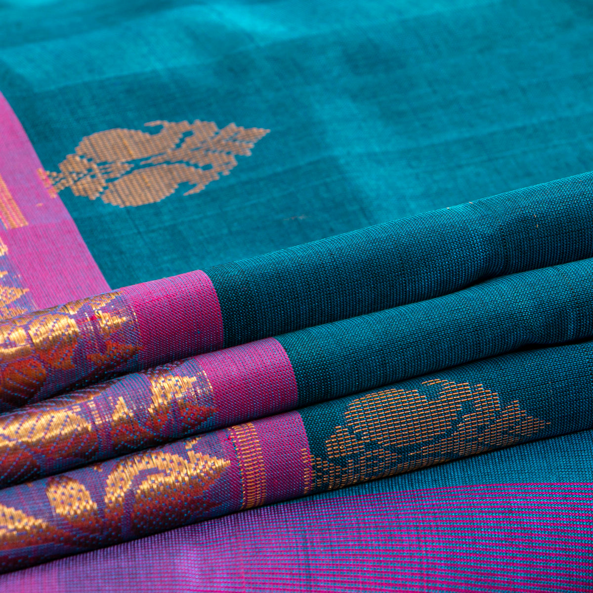 Teal And Magenta Kanchi Silk Cotton Saree For Festive Wear VP SC 215