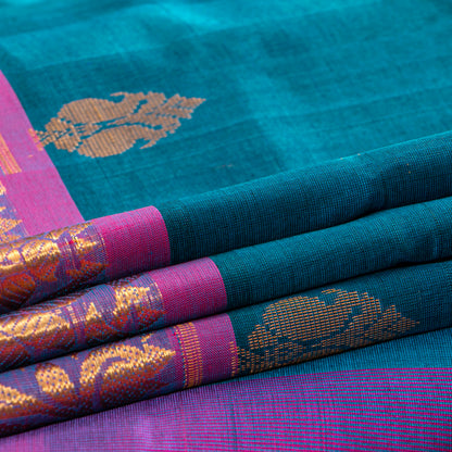 Teal And Magenta Kanchi Silk Cotton Saree For Festive Wear VP SC 215