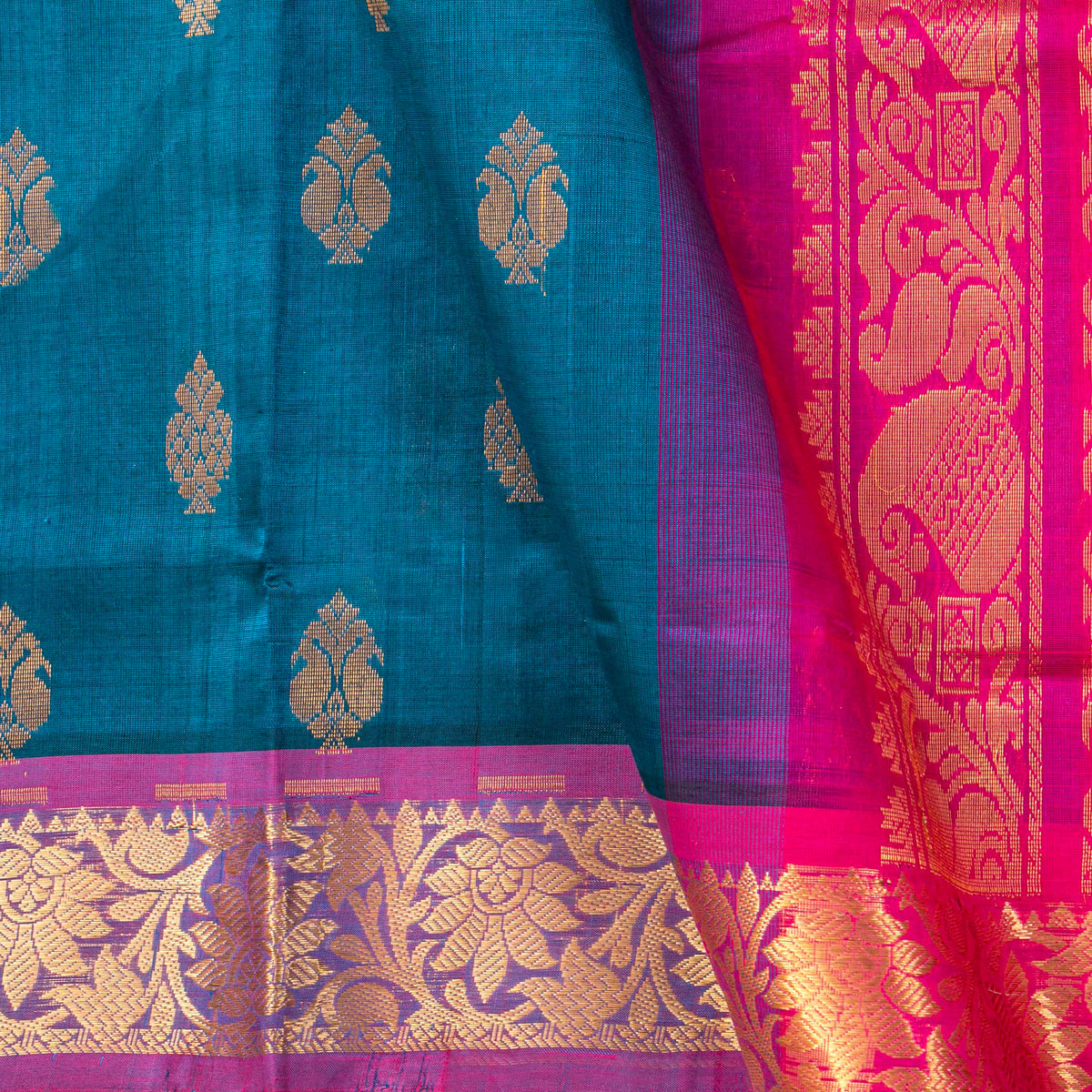 Teal And Magenta Kanchi Silk Cotton Saree For Festive Wear VP SC 215