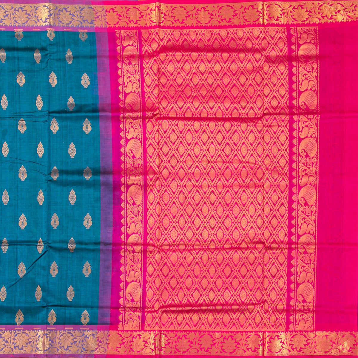 Teal And Magenta Kanchi Silk Cotton Saree For Festive Wear VP SC 215
