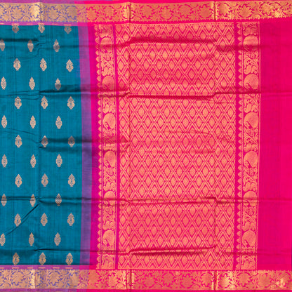 Teal And Magenta Kanchi Silk Cotton Saree For Festive Wear VP SC 215