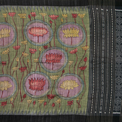 Green Handpainted Kalamkari Gicha Tussar Silk Saree With Ikkat Pallu For Office Wear PTK VSR 136