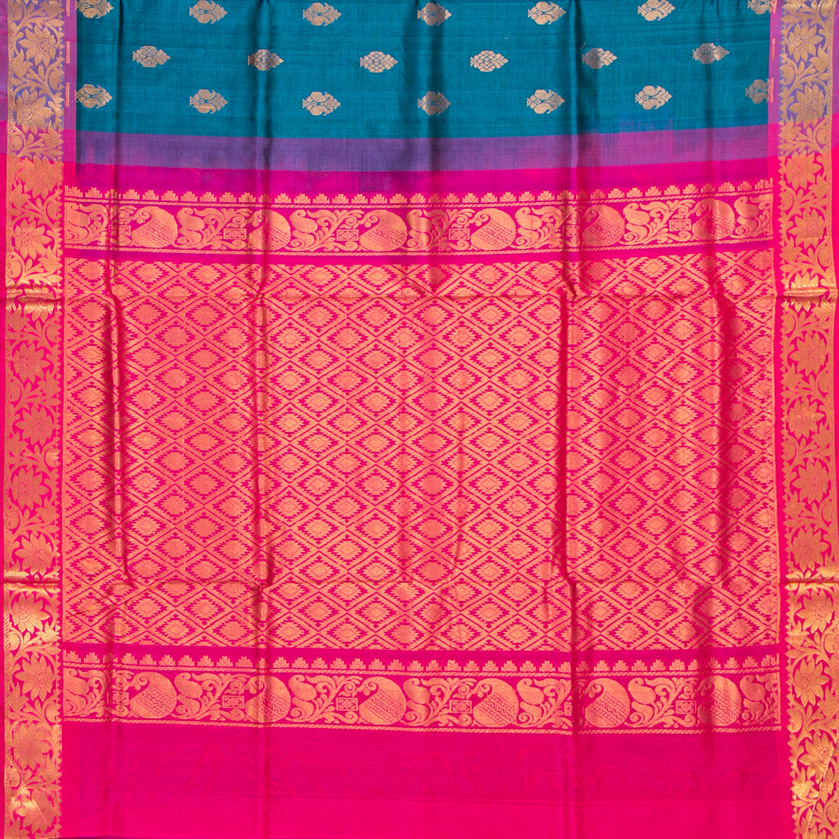 Teal And Magenta Kanchi Silk Cotton Saree For Festive Wear VP SC 215