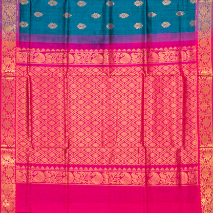 Teal And Magenta Kanchi Silk Cotton Saree For Festive Wear VP SC 215