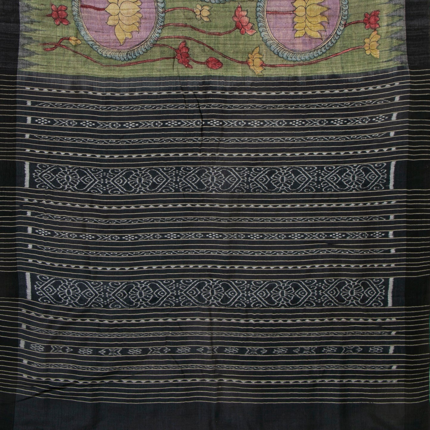 Green Handpainted Kalamkari Gicha Tussar Silk Saree With Ikkat Pallu For Office Wear PTK VSR 136
