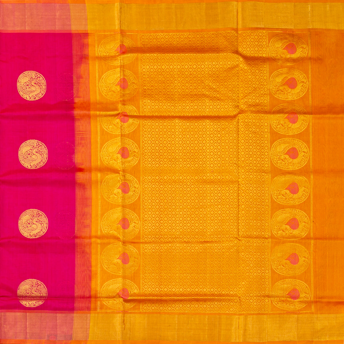 Pink And Mustard Kanchi Silk Cotton Saree For Festive Wear VP SC 264