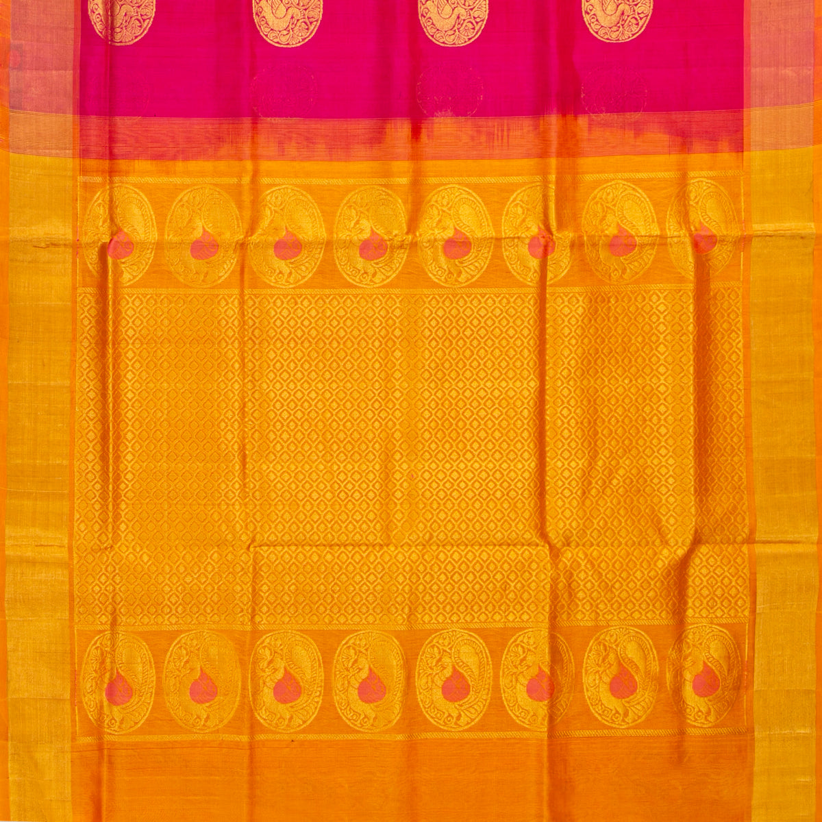 Pink And Mustard Kanchi Silk Cotton Saree For Festive Wear VP SC 264