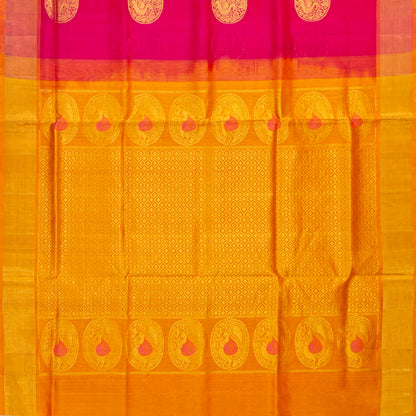 Pink And Mustard Kanchi Silk Cotton Saree For Festive Wear VP SC 264