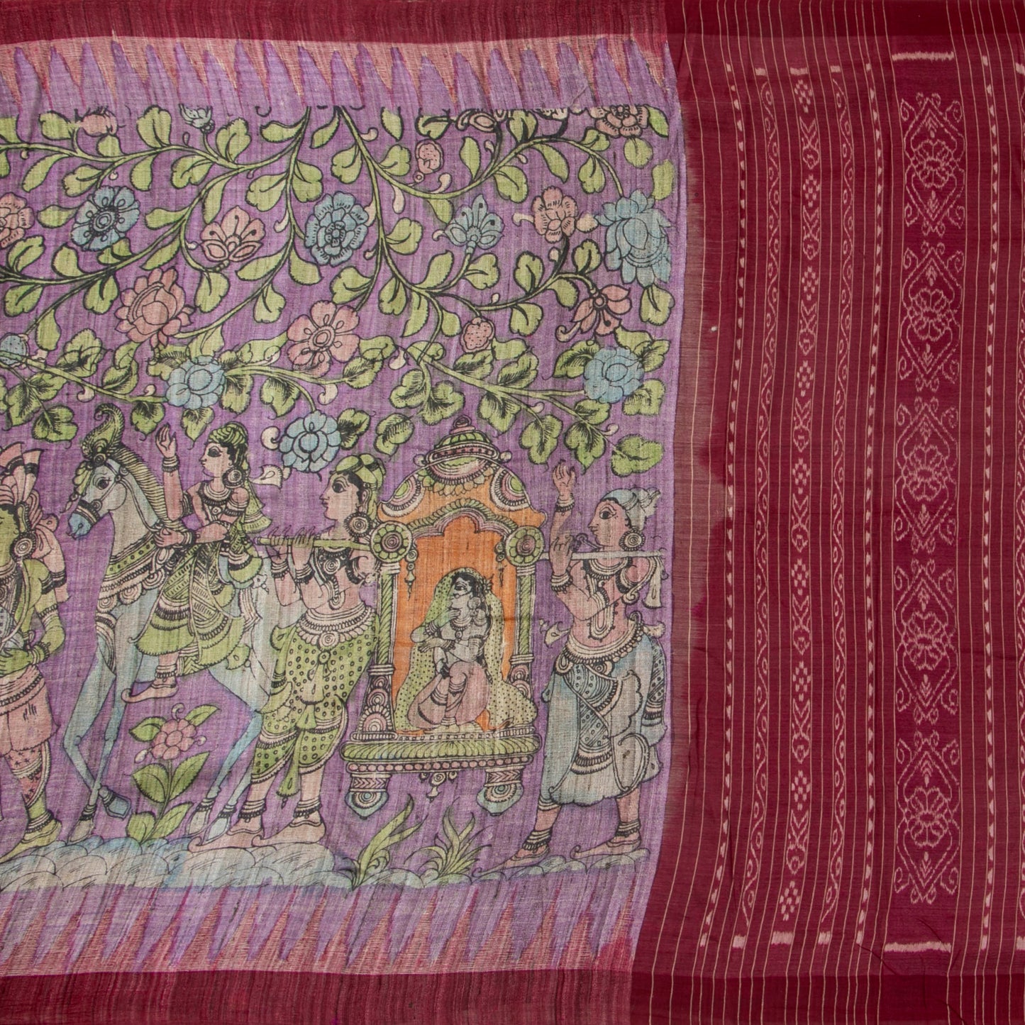 Mauve Handpainted Kalamkari Gicha Tussar Silk Saree With Wedding Theme For Office Wear PTK VSR 140