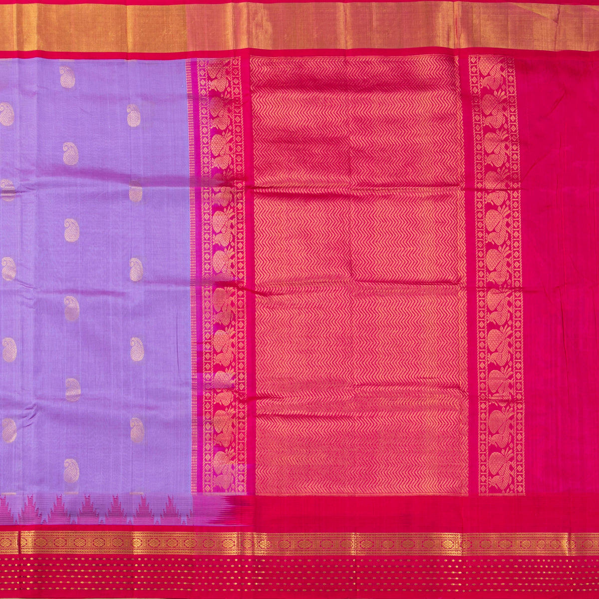 Lavender And Pink Kanchi Silk Cotton Saree With Temple Korvai Border For Festive Wear VP SC 182