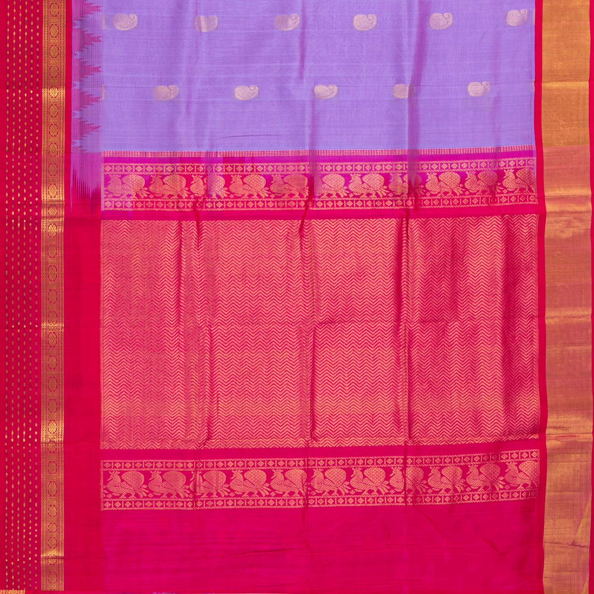 Lavender And Pink Kanchi Silk Cotton Saree With Temple Korvai Border For Festive Wear VP SC 182