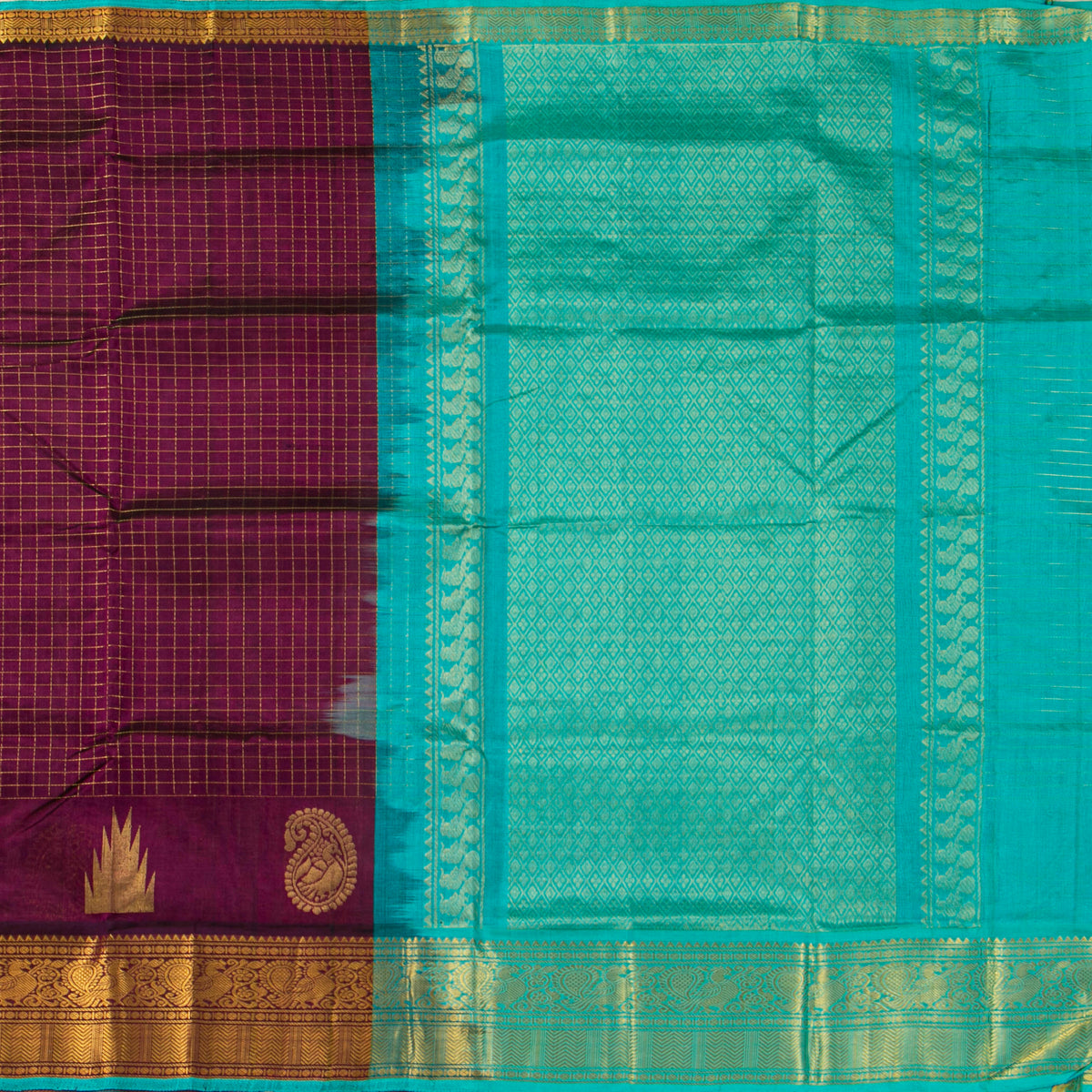 Deep Purple And Turquoise Kanchi Silk Cotton Saree For Festive Wear VP SC 222