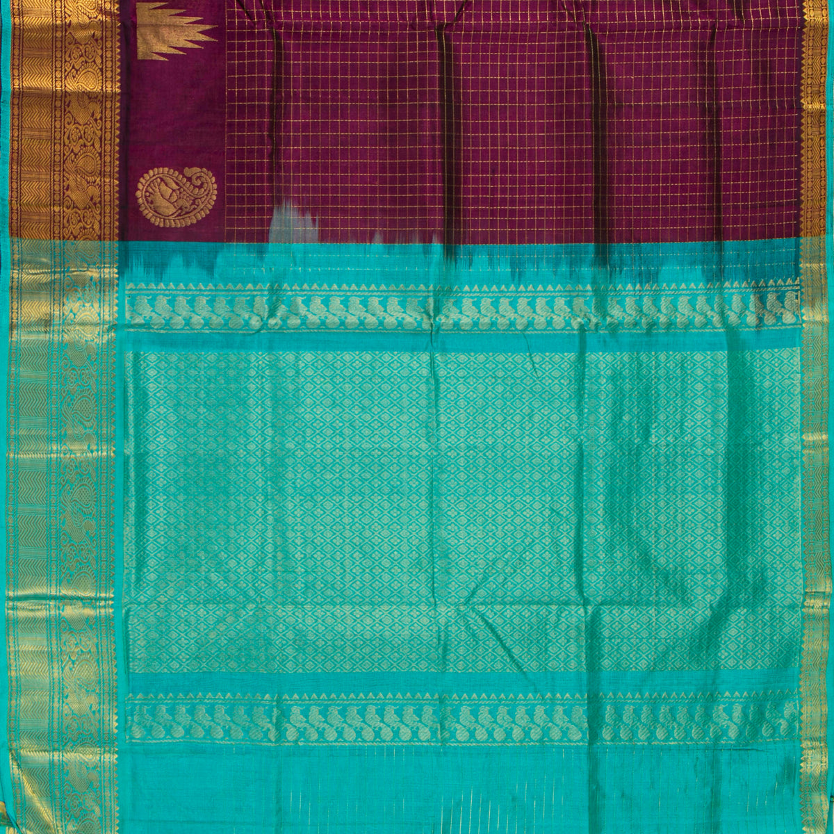 Deep Purple And Turquoise Kanchi Silk Cotton Saree For Festive Wear VP SC 222