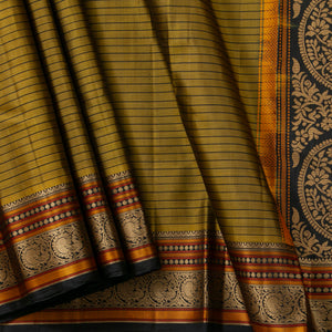 Mustard And Black Kanchipuram Silk Saree No Zari For Festive Wear PV RSP 158