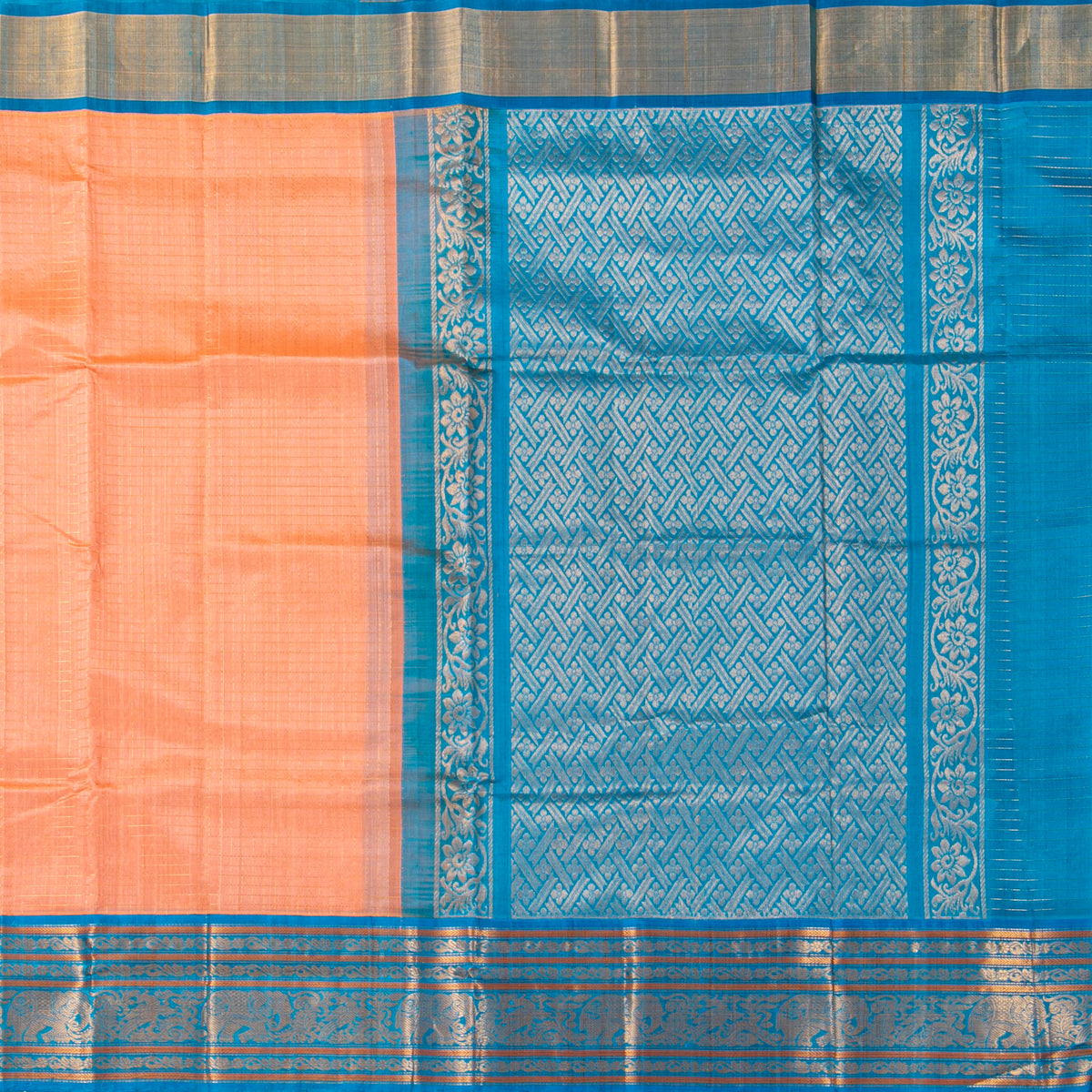 Peach And Ananda Blue Kanchi Silk Cotton Saree For Festive Wear VP SC 216