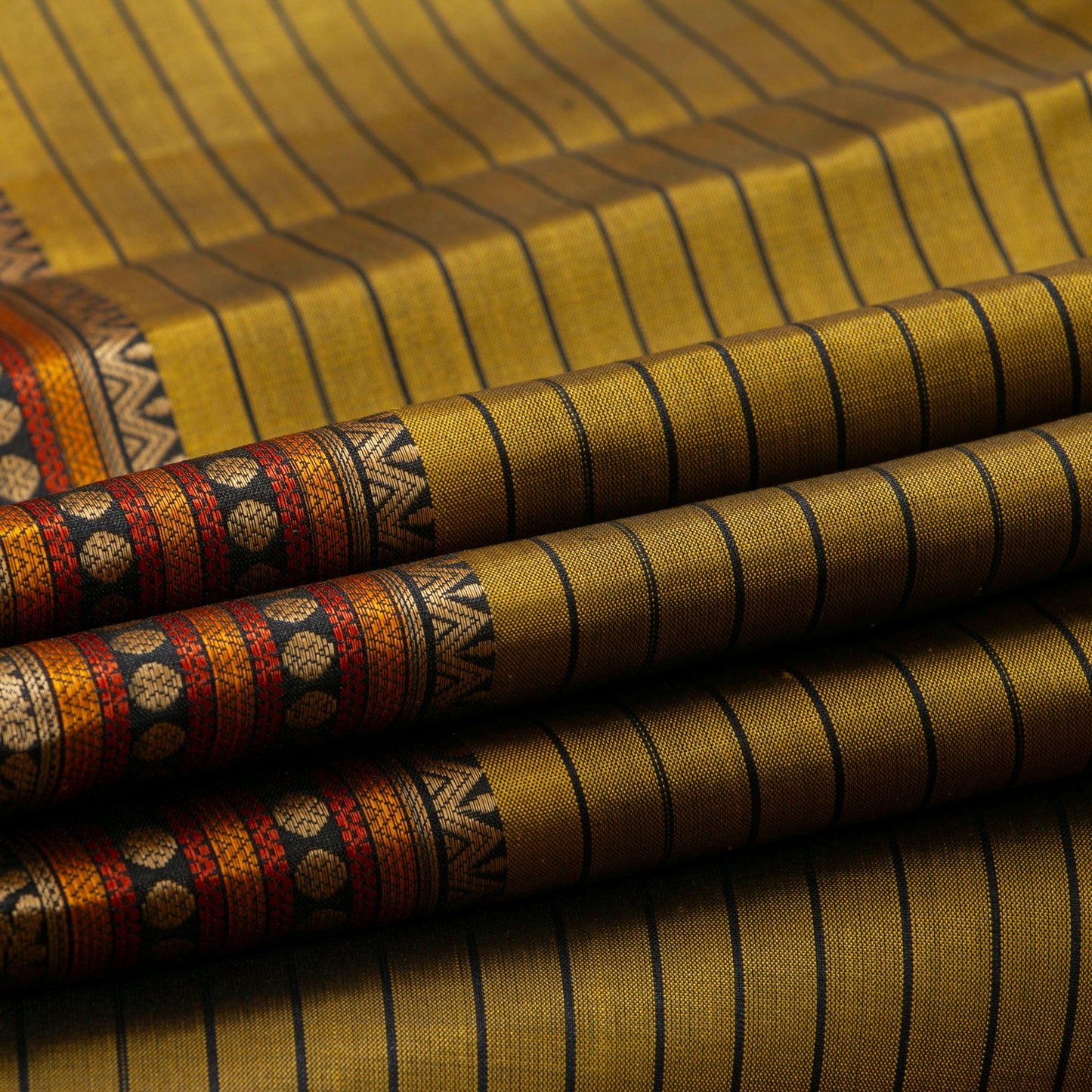 Mustard And Black Kanchipuram Silk Saree No Zari For Festive Wear PV RSP 158