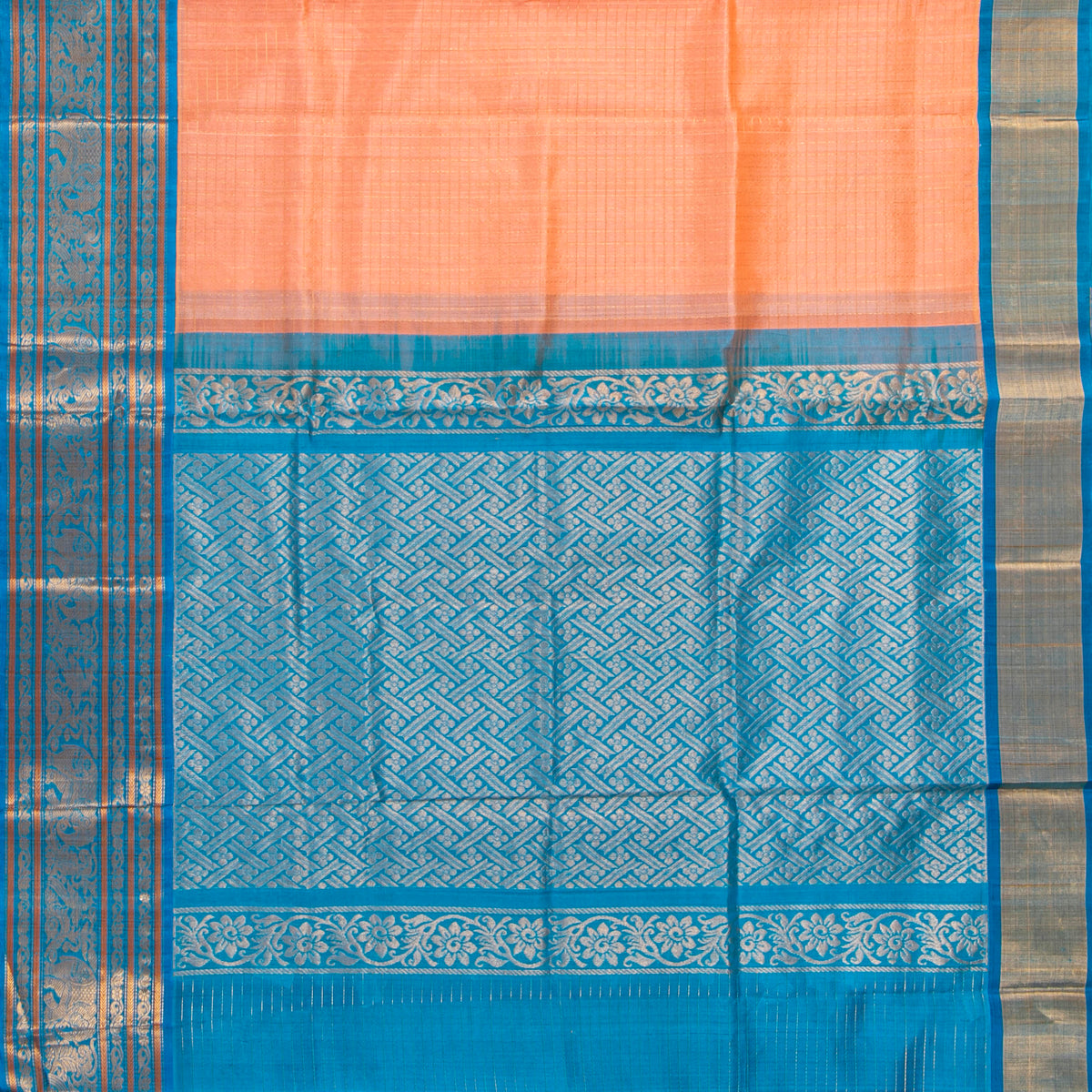 Peach And Ananda Blue Kanchi Silk Cotton Saree For Festive Wear VP SC 216