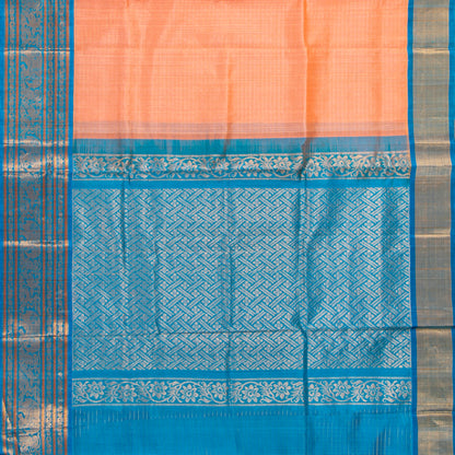 Peach And Ananda Blue Kanchi Silk Cotton Saree For Festive Wear VP SC 216