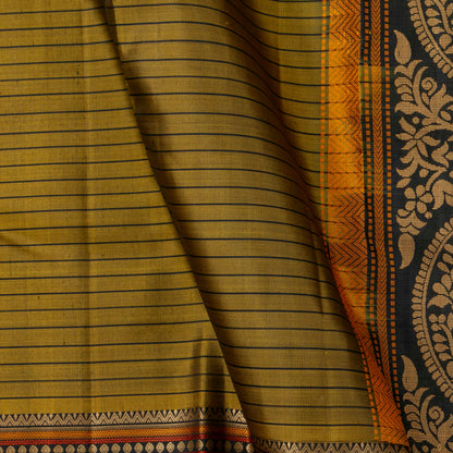 Mustard And Black Kanchipuram Silk Saree No Zari For Festive Wear PV RSP 158