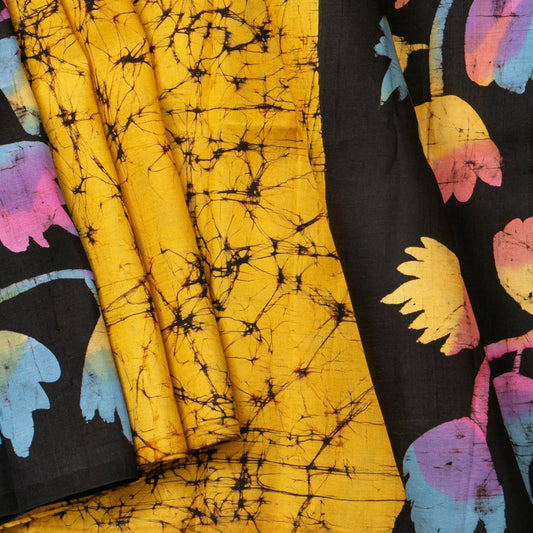 Yellow Ochre And Black Batik Silk Saree For Office Wear PB 347 - Batik Silk - Panjavarnam PB 347
