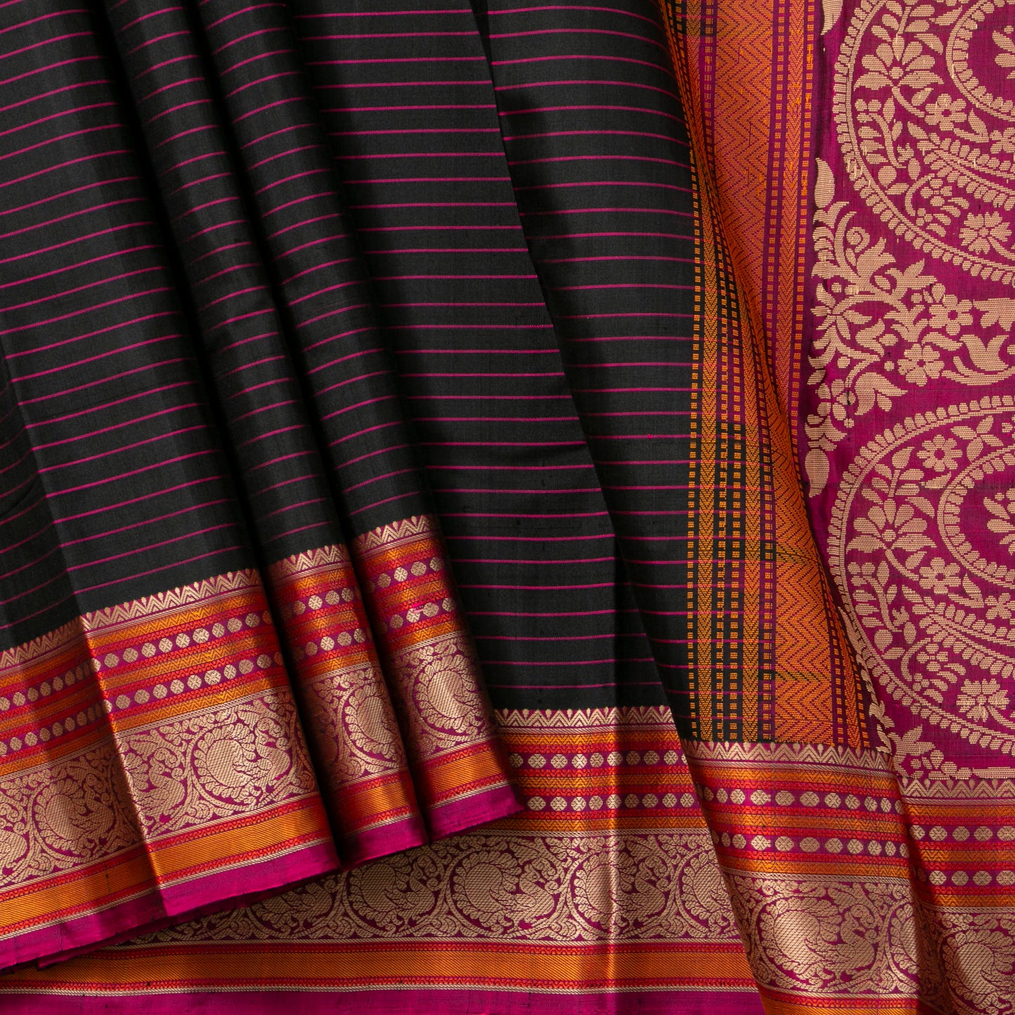 Black And Magenta Kanchipuram Silk Saree No Zari For Festive Wear PV RSP 157
