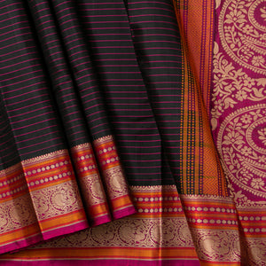 Black And Magenta Kanchipuram Silk Saree No Zari For Festive Wear PV RSP 157