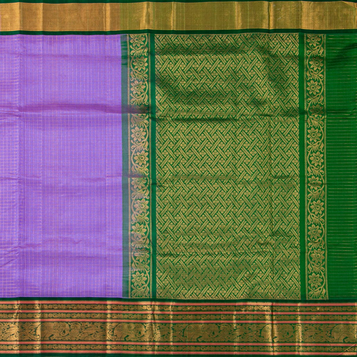 Lilac And Green Kanchi Silk Cotton Saree For Festive Wear VP SC 217