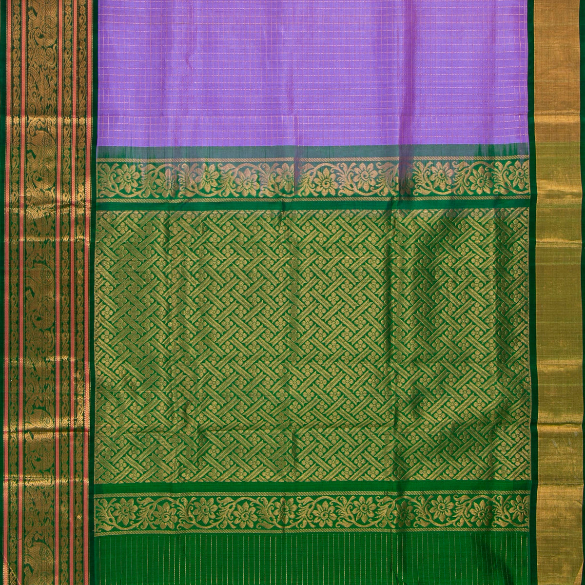 Lilac And Green Kanchi Silk Cotton Saree For Festive Wear VP SC 217