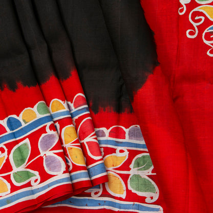 Black And Red Lightweight Batik Silk Saree For Office Wear PB 346