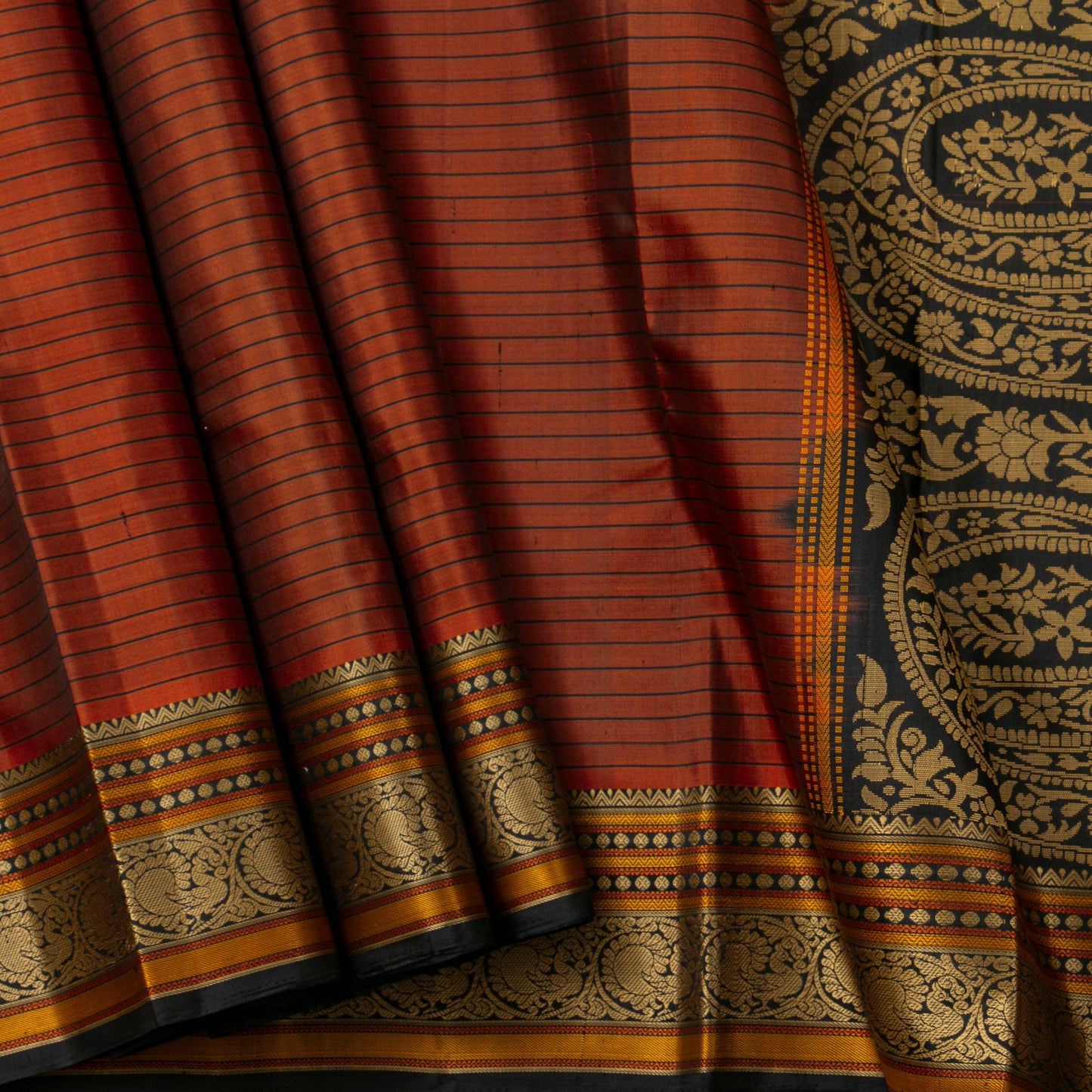 Rust And Black Kanchipuram Silk Saree No Zari For Festive Wear PV RSP 159
